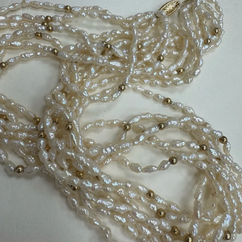Elegant Freshwater Seed Pearls and 14K Yellow Gold Beaded Necklace